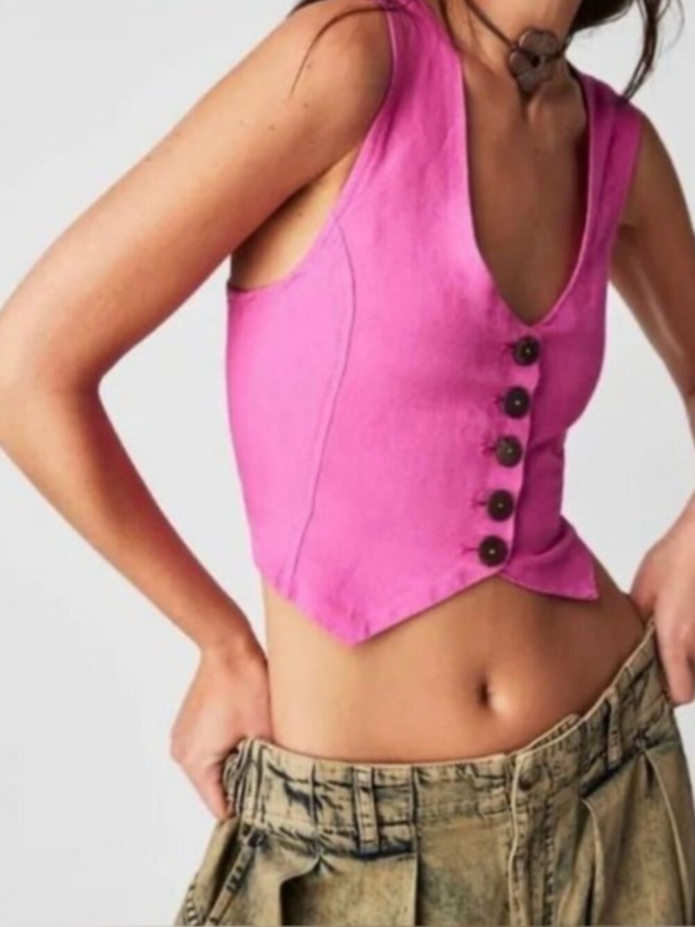 FREE PEOPLE Reisling Vest Flower Power Pink Large Linen Blend Boho Festival